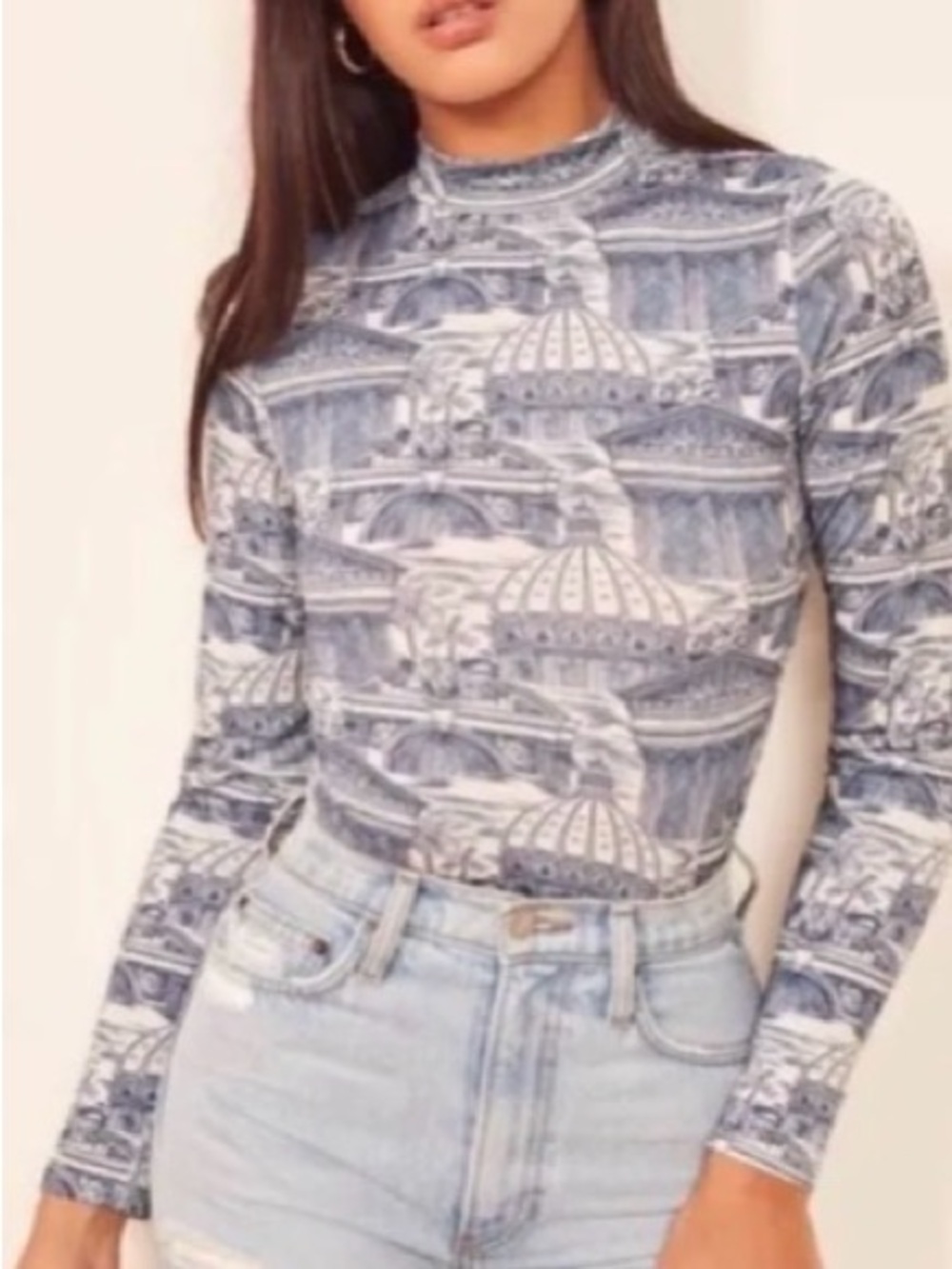 Reformation Blue and White Printed Mock Neck Long Sleeve Top